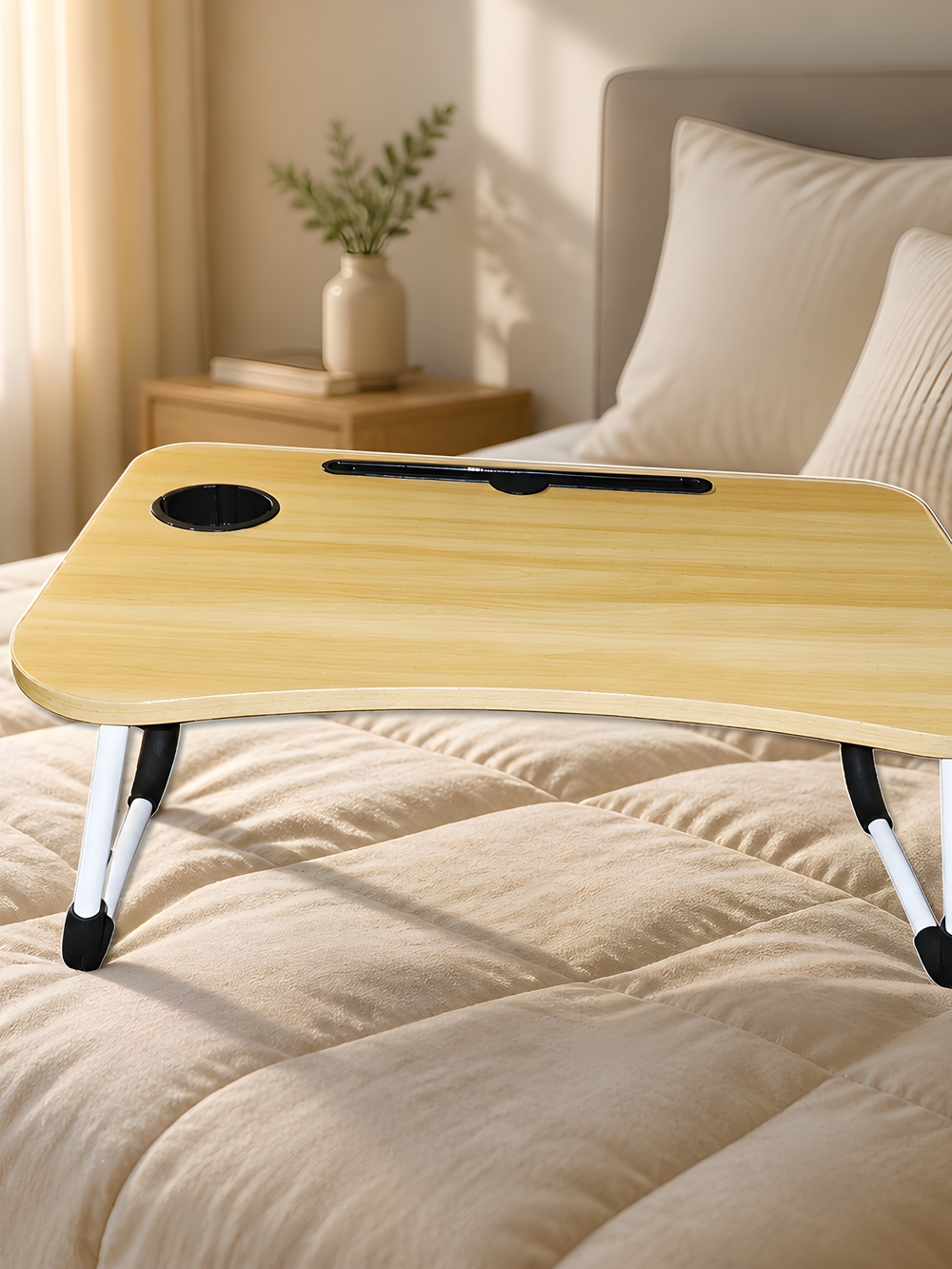Portable Wooden-Style Laptop Bed Tray Table with Cup Holder - Beige